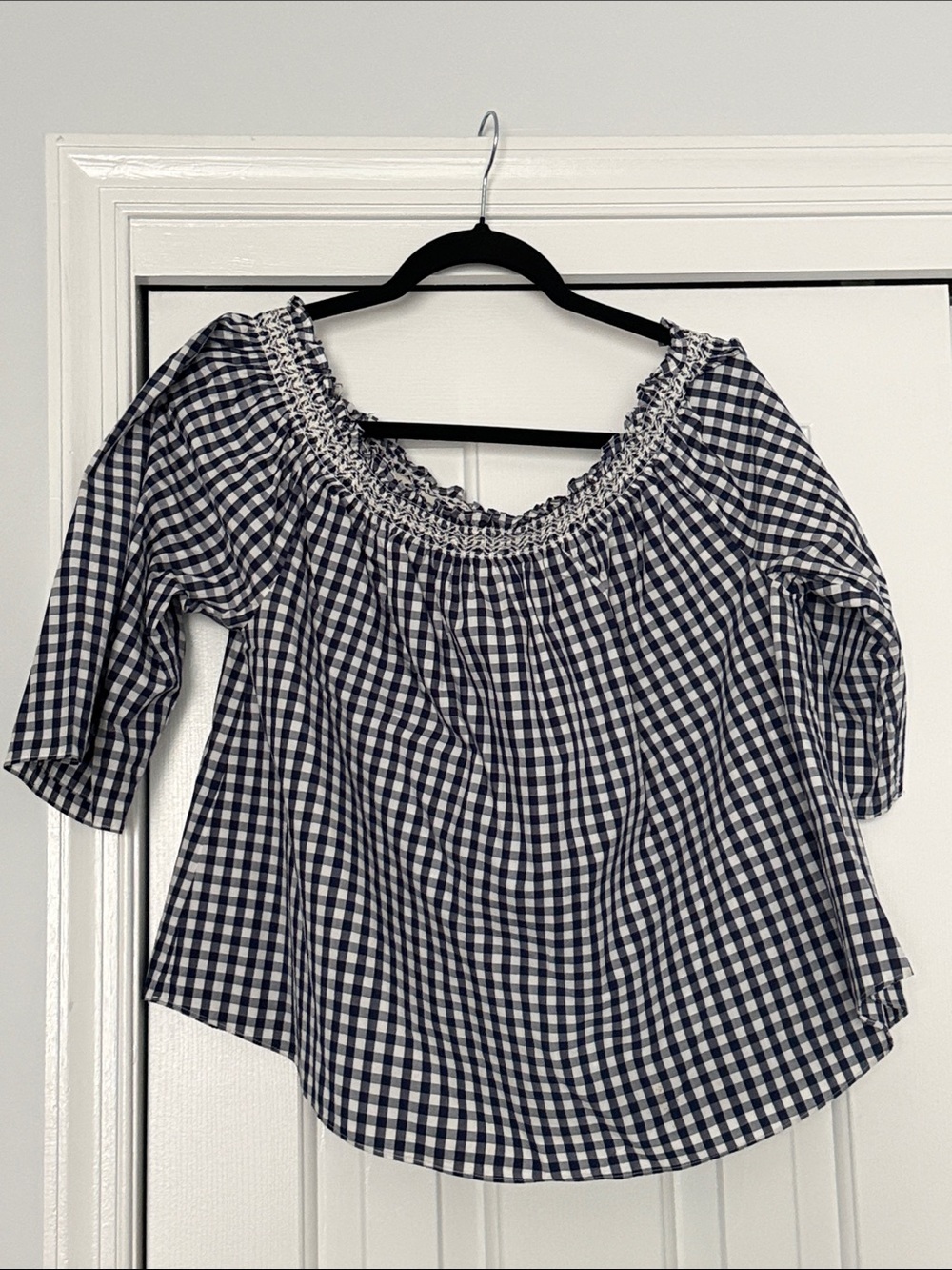 Madewell Navy & White Gingham Off-Shoulder Blouse